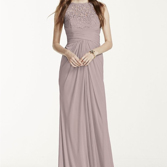 Sleeveless Long Mesh Dress with Corded Lace - Picture 1 of 12